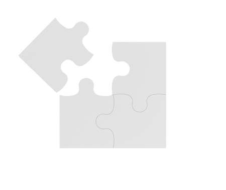3d rendering of four white puzzle pieces isolated on white background. Games and toys. Thinking and guesswork. Problems and solutions.の写真素材