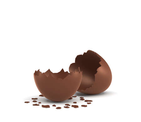 3d rendering of a hollow chocolate egg cracked in half on white background.の写真素材