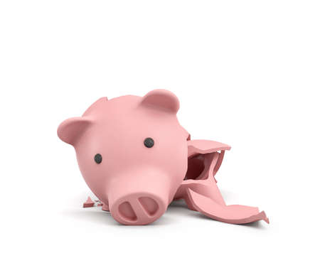 3d rendering of a pink ceramic piggy bank completely broken up into several large pieces.の写真素材