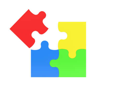 3d rendering of four multicolored puzzle pieces isolated on white background.の写真素材