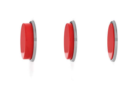 3d rendering of a set of three red round buttons in different stages of being pushed down.
