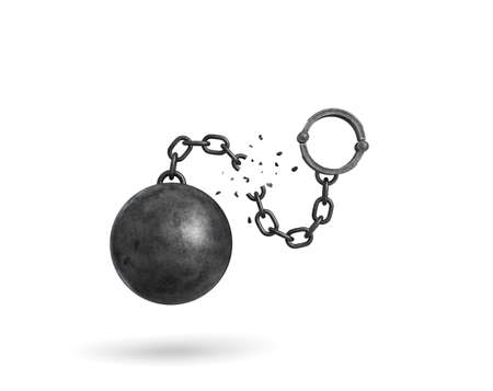 3d rendering of an isolated ball and chain broken in half with a detached shackle.の写真素材
