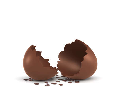 3d rendering of a hollow chocolate egg cracked in half on white background.の写真素材