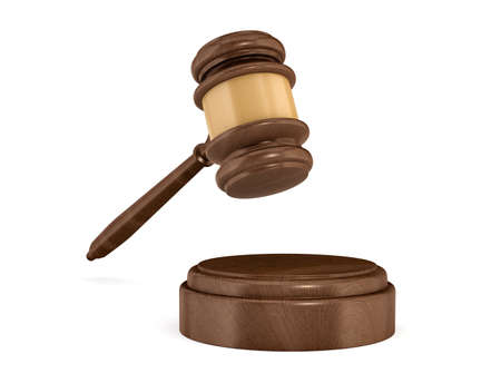 3d rendering of an isolated dark wood judge gavel and sound block.の写真素材
