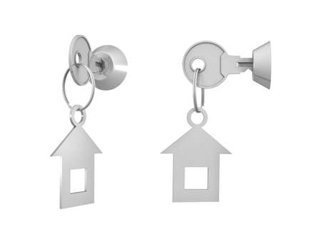 3d rendering of 2 keys with attached labels inside their locks on white background.の写真素材