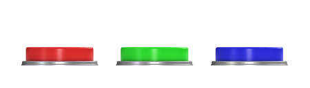 3d rendering of three colorful push buttons, a red, a blue and a green one.