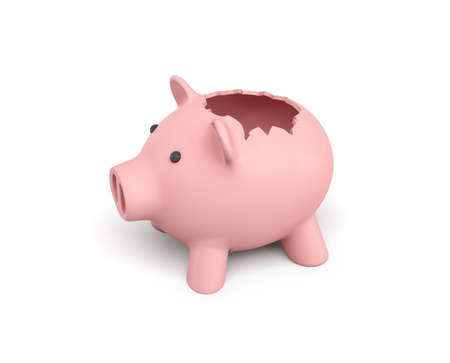3d rendering of a pink ceramic piggy bank with a broken top on white background.の写真素材