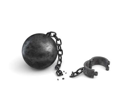 3d rendering of an isolated ball and chain lying broken near a leg shackle.の写真素材