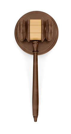 3d rendering of an isolated dark wood judge gavel resting on a sound block in top view.の写真素材