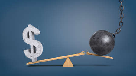 3d rendering of a wooden seesaw with an overweighing concrete dollar sign and a wrecking ball that breaks the plank.の写真素材
