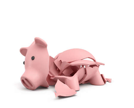 3d rendering of a pink ceramic piggy bank completely broken up into several large pieces.の写真素材