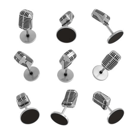 3d rendering of many retro table microphones in different views on white background.の写真素材