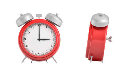 3d rendering of a red vintage alarm clock with double metal bells isolated on white background.の写真素材