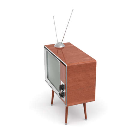 3d rendering of a blank retro TV set with an antenna stands on a low four legged table on white background.の写真素材