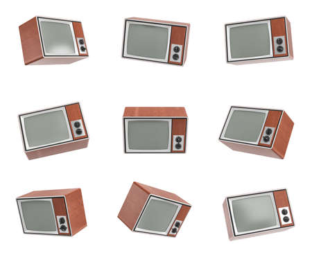 3d rendering of a turned-off retro TV in different angle on white background.の写真素材
