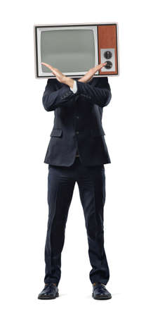 A businessman with hands in negative gesture and a retro TV screen in place of his head.の写真素材