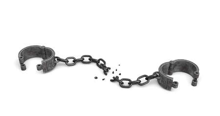 3d rendering of a pair of open metal shackles with a broken chain link on white background.の写真素材