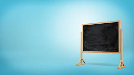 3d rendering of a single black chalkboard with white smudges stands on a wooden frame on blue background.の写真素材
