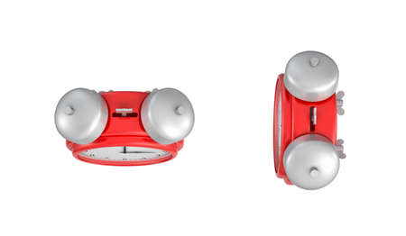 3d rendering of a red vintage alarm clock with double metal bells in top view on white background.