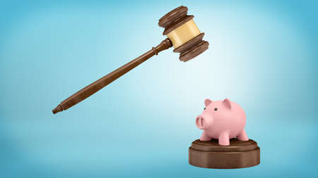 3d rendering of a large judge gavel ready to strike at a small piggy bank standing on a sound block.の写真素材