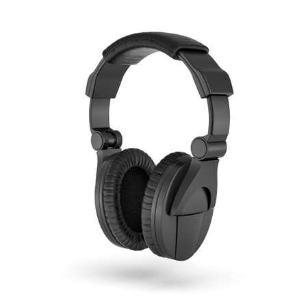 3d rendering of black padded headphones with a headband hanging on white background.の写真素材