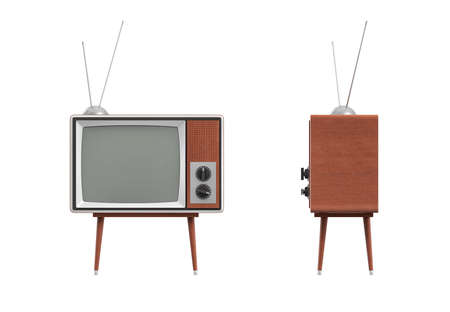 3d rendering of a blank retro TV set with an antenna stands on a low four legged table on white background.の写真素材