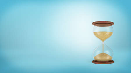 3d rendering of a retro hourglass on round wooden bases with sand falling in its lower chamber.の写真素材
