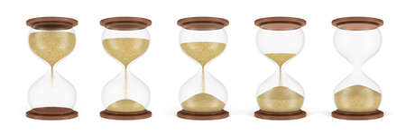 3d rendering of a set of several hourglasses standing in one row with the sand in different stages...