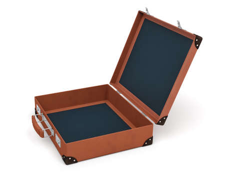 3d rendering of an open brown vintage suitcase with nothing inside on white background.の写真素材