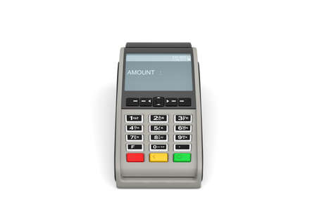 3d rendering of an empty POS-terminal with a screen showing a lettering AMOUNT and no numbers.の写真素材