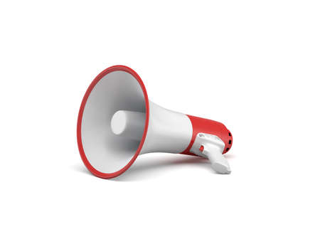 3d rendering of a single red and white megaphone lying in side view on white surface.の写真素材