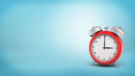 3d rendering of a large old style red alarm clock with double metal bells and a white face on blue background.の写真素材
