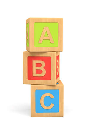 3d rendering of three wooden toy cubes with ABC lettering isolated on white background.の写真素材
