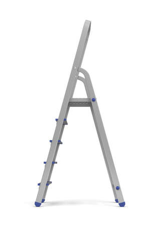 3d rendering of a metal builders step ladder with blue fittings in side view on a white background.の写真素材