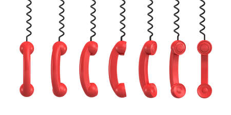 3d rendering of several red retro phone receivers hanging from their black cords on a white background.の写真素材