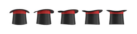 3d rendering of a set of several black magicians hats with one red stripe in different side views.の写真素材
