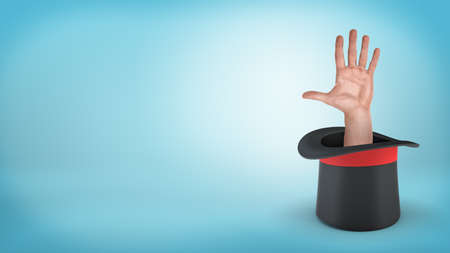 An open male palm sticking out from inside an overturned illusionists hat on a blue background.の写真素材
