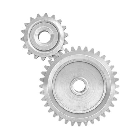 3d rendering of a two metal gears of different size connected to each other on a white background.の写真素材