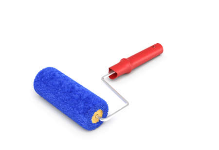 3d rendering of a paint roller in front view with a red handle and a blue fluffy cover.の写真素材