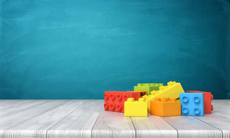 3d rendering of a toy building blocks lying in a colorful pile over a wooden desk on a blue...