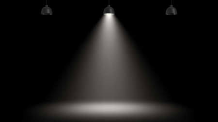 3d rendering of three pendant lamps with only the central one glowing in the darkness.の写真素材
