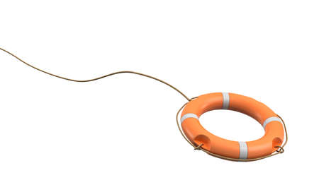3d rendering of a single orange life buoy on a white background hanging from a long rope in motion.の写真素材