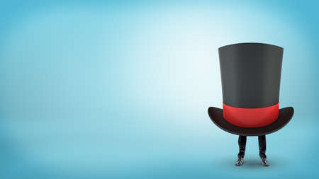 A giant black magicians top hat with a red ribbon hides a businessman with only his legs visible.の写真素材