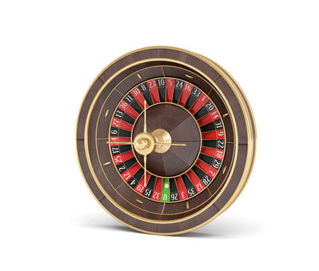 3d rendering of an isolated wooden casino roulette with golden decorations on white background.の写真素材