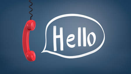 3d rendering of a red retro phone receiver hangs down from a cable near a speech bubble with a word...
