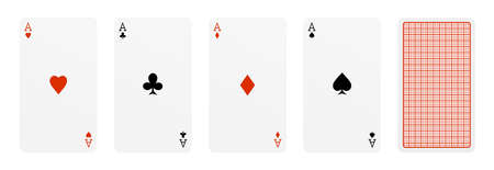 3d rendering of five playing cards, where four of them are different aces, and one card turned over.