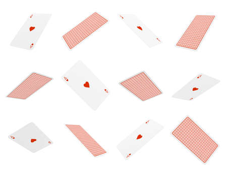3d rendering of many playing cards flying in the air all of them being aces of hearts.の写真素材