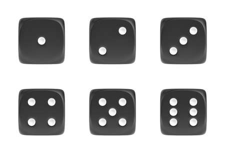 3d rendering of a set of six black dice in front view with white dots showing different numbers.の写真素材