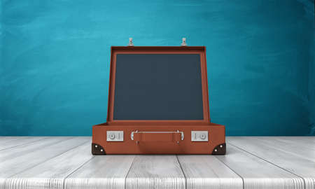 3d rendering of a single retro brown suitcase with its lid open standing on a wooden desk.の写真素材