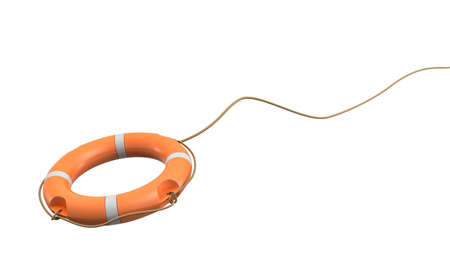 3d rendering of a single orange life buoy on a white background hanging from a long rope in motion.の写真素材